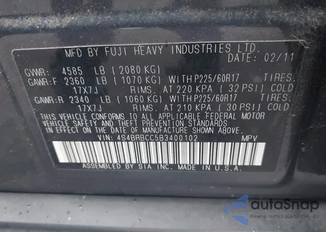 2011 Subaru Outback 2.5I Premium z USA, uszkodzony, nr VIN 4S4BRBCC5B3400102